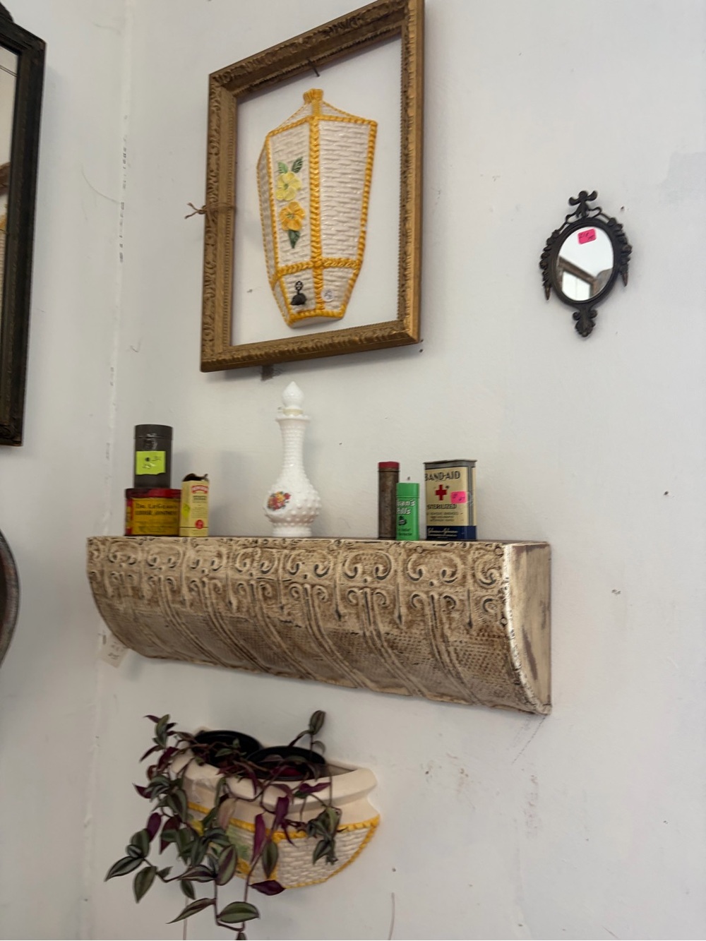 Ornate Cream Wall Shelf - made from vintage tin ceiling tile.
